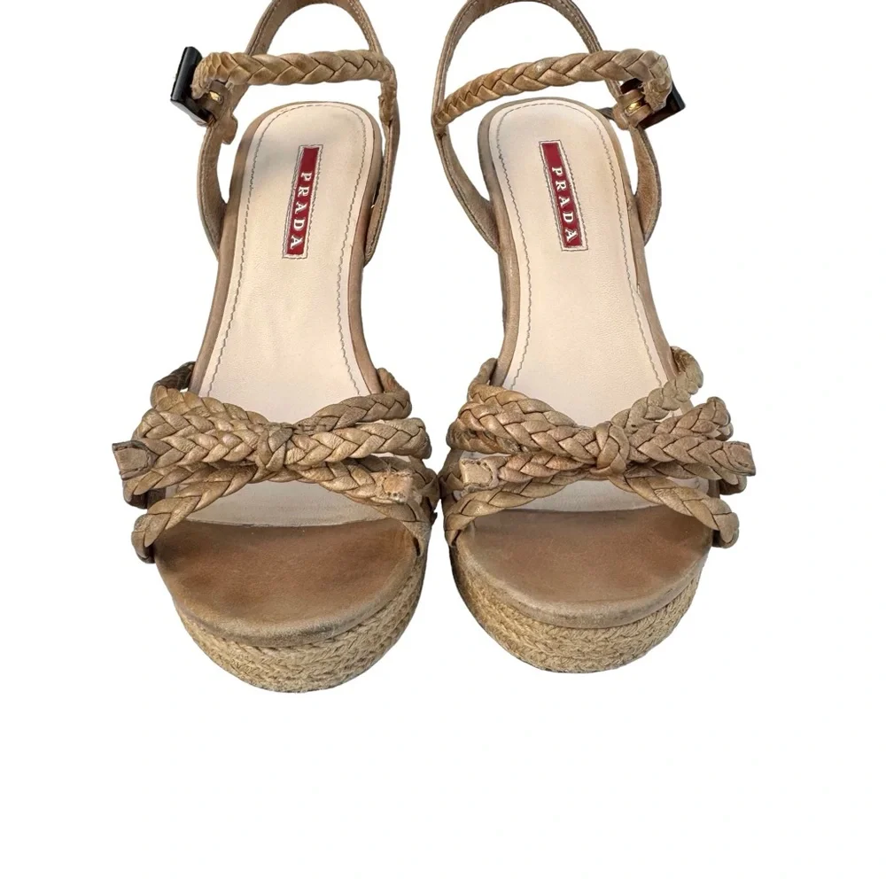 PRADA Strappy Sandals Cork Wedges Tan - Picture 10 of 16